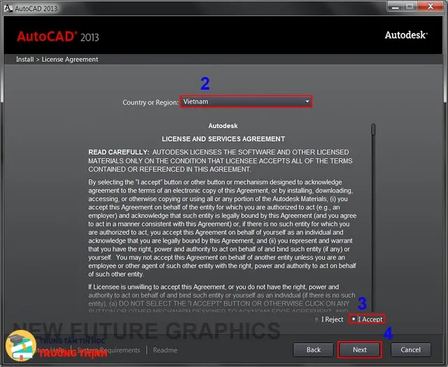 Đồng ý các điều khoản sử dụng khi cài đặt phần mềm AutoCAD 2013