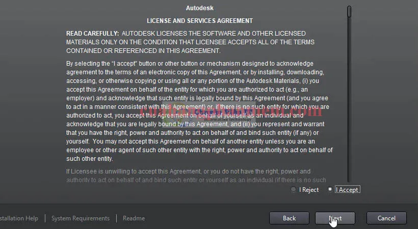 Đồng ý điều khoản cấp phép bằng cách chọn &quot;I Accept&quot; và &quot;Next&quot; khi cài đặt AutoCAD 2012.