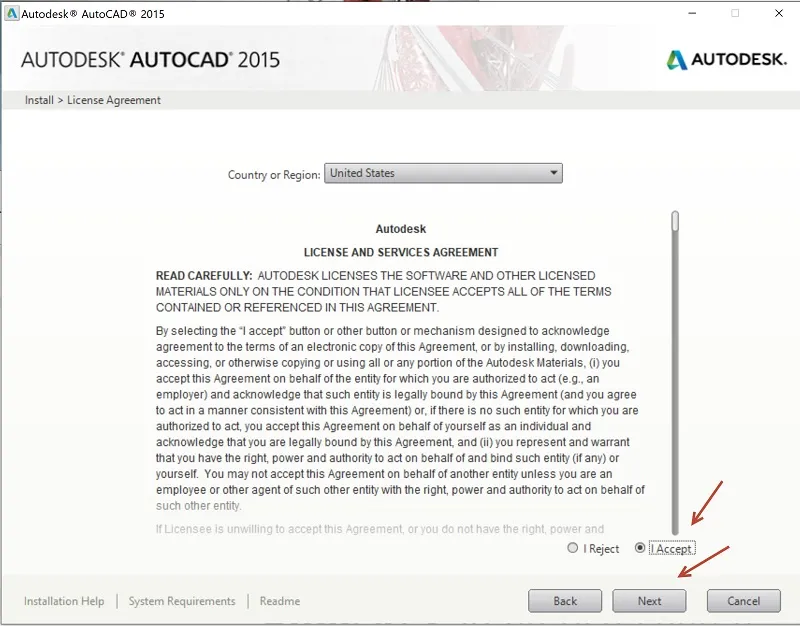 Đồng ý điều khoản và chọn Next khi cài đặt AutoCAD 2015