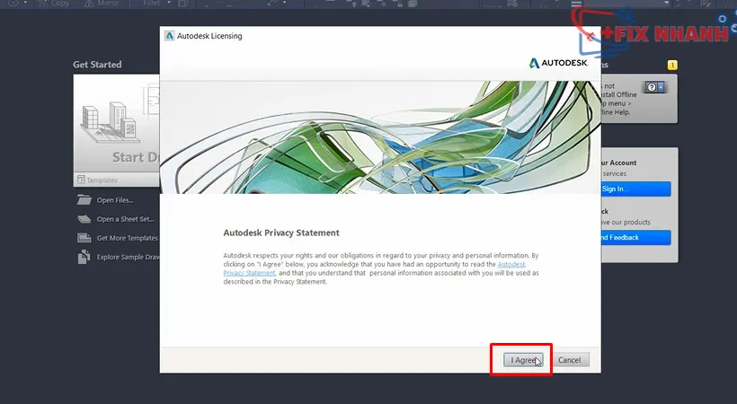 Đồng ý với các điều khoản cấp phép để tiếp tục kích hoạt AutoCAD 2020