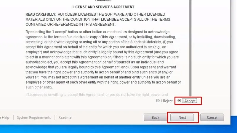 Đồng ý với các điều khoản của Autodesk và bấm Next trong quá trình cài đặt AutoCAD 2015