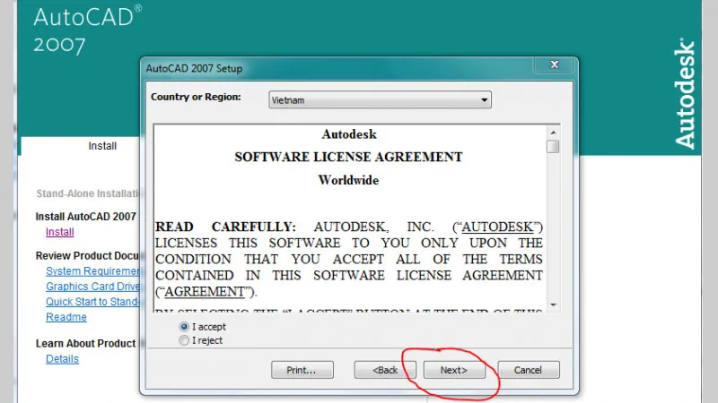 Đồng ý với các điều khoản sử dụng khi cài AutoCAD 2007