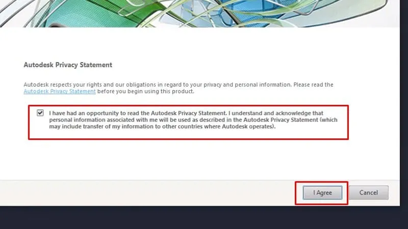 Đồng ý với chính sách bảo mật khi khởi chạy AutoCAD 2015 lần đầu