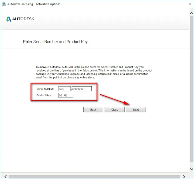 Form nhập Serial Number và Product Key để kích hoạt AutoCAD 2018, đảm bảo thông tin chính xác để mở khóa tính năng đầy đủ.