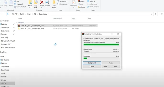 Giải nén file cài đặt AutoCAD 2017 đã tải về để bắt đầu quá trình cài đặt vĩnh viễn