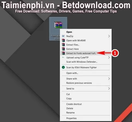 Giải nén thư mục Font AutoCAD vừa tải từ Taimienphi.vn bằng WinRAR, bước đầu tiên trong quá trình cài đặt font cho AutoCAD 2015.