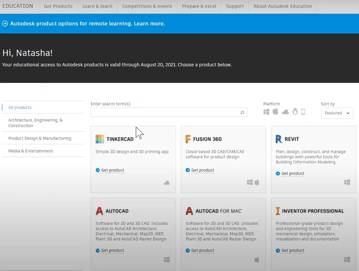 Giao diện Autodesk Education xác nhận thời hạn sử dụng sản phẩm miễn phí sau khi hoàn tất đăng ký để cài AutoCAD