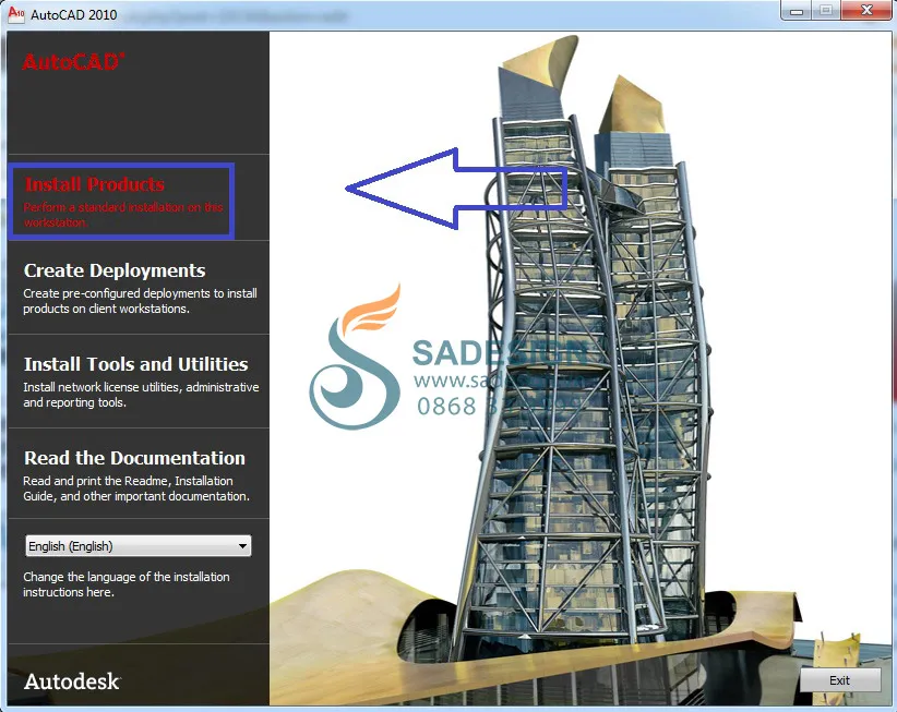 Giao diện cài đặt AutoCAD 2010 ban đầu, hiển thị tùy chọn 'Install Products' để bắt đầu quá trình cài đặt.