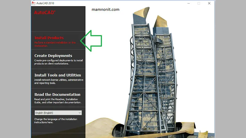 Giao diện cài đặt AutoCAD 2010, chọn mục &quot;Install Products&quot; để tiếp tục quá trình cài đặt phần mềm.