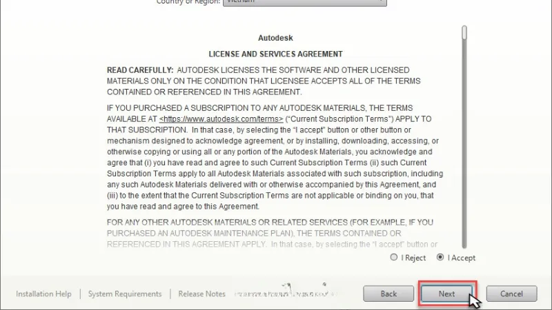 Giao diện chấp nhận điều khoản sử dụng của AutoCAD, hiển thị lựa chọn &quot;I Accept&quot; và nút &quot;Next&quot; để người dùng đồng ý với các điều khoản trước khi tiếp tục cài đặt phần mềm.
