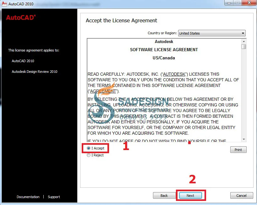 Giao diện chấp nhận điều khoản sử dụng của Autodesk để tiếp tục cài đặt AutoCAD 2010