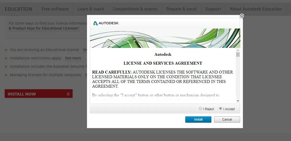 Giao diện chấp nhận điều khoản và bắt đầu cài đặt trực tiếp AutoCAD 2017 bản sinh viên
