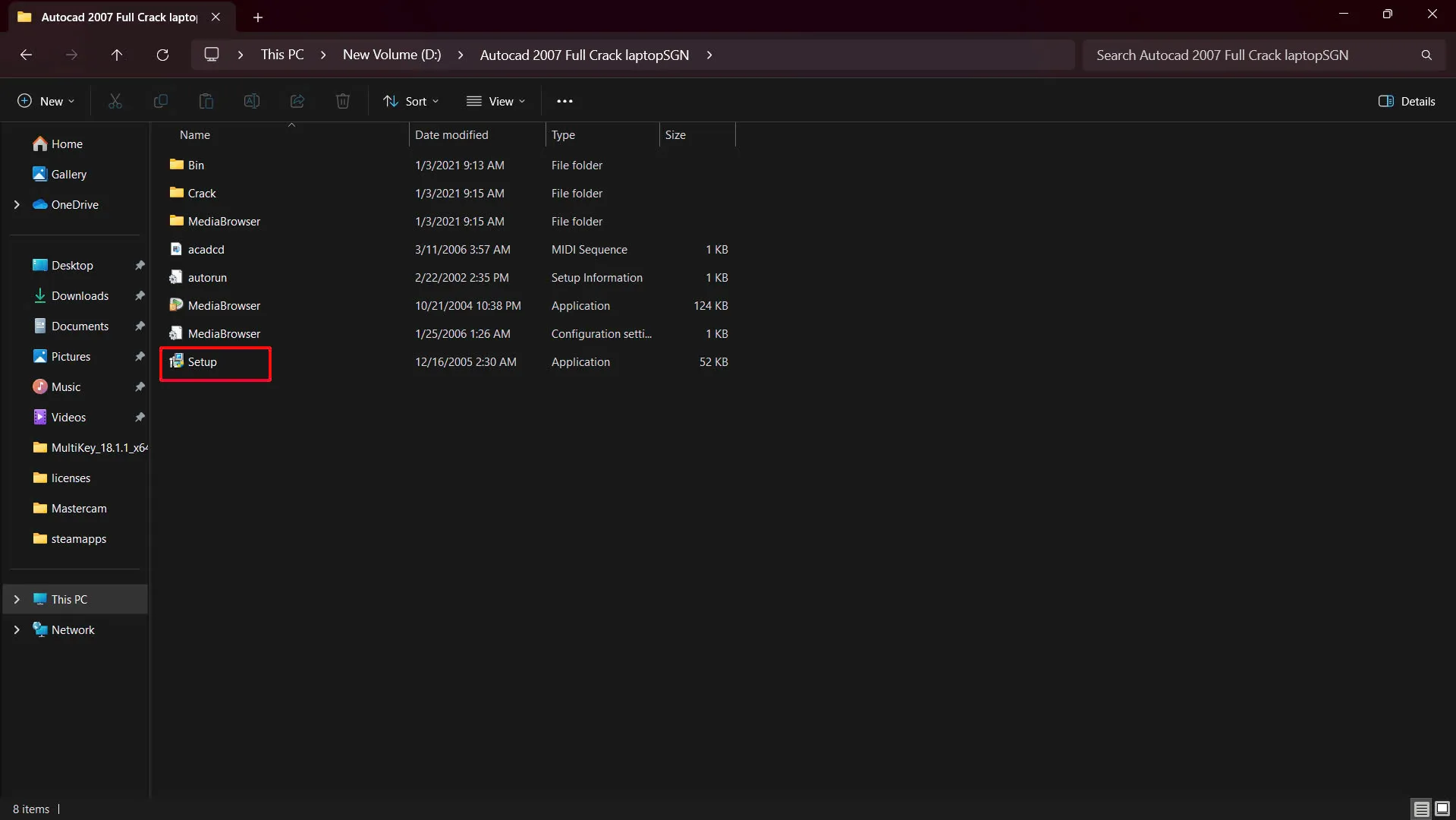 Giao diện chọn file Setup để bắt đầu quá trình cài đặt AutoCAD 2007 trên hệ thống Windows.