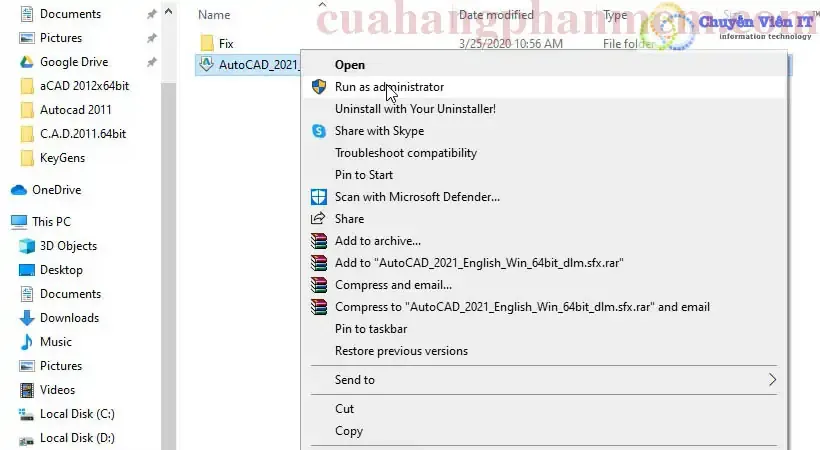 Giao diện chọn file Setup để tiến hành cài đặt AutoCAD 2021