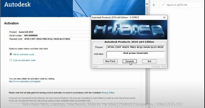 Giao diện công cụ crack AutoCAD 2010, nơi tạo mã kích hoạt vĩnh viễn từ mã yêu cầu