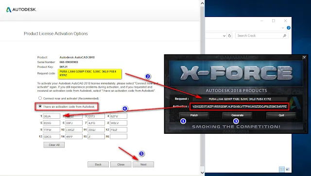 Giao diện công cụ Keygen để tạo mã kích hoạt AutoCAD 2018 từ Request Code