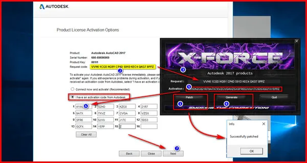 Giao diện công cụ X-force (Keygen) và Autocad 2017, minh họa quy trình sao chép Request Code và tạo Activation Code để hoàn tất kích hoạt bản autocad 2017 full crack vĩnh viễn từ Pixwares