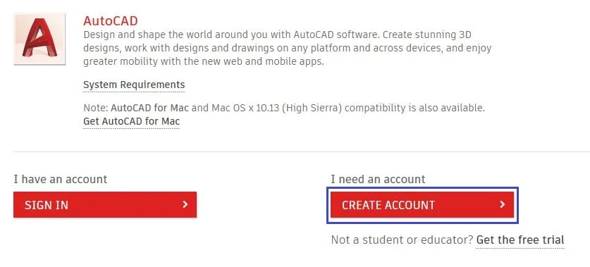 Giao diện đăng nhập hoặc tạo tài khoản Autodesk, cần thiết để tải AutoCAD 2017 bản sinh viên
