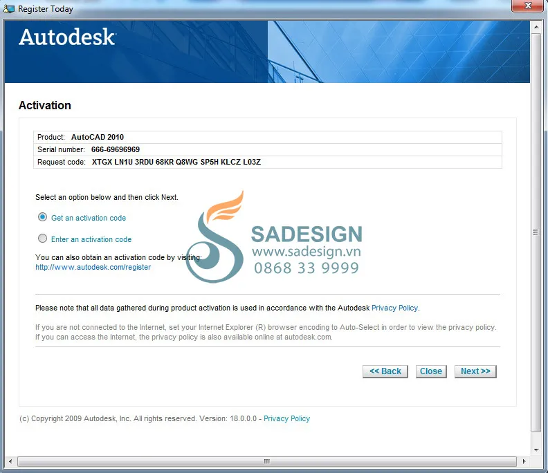 Giao diện keygen (công cụ tạo mã kích hoạt) để crack AutoCAD 2010