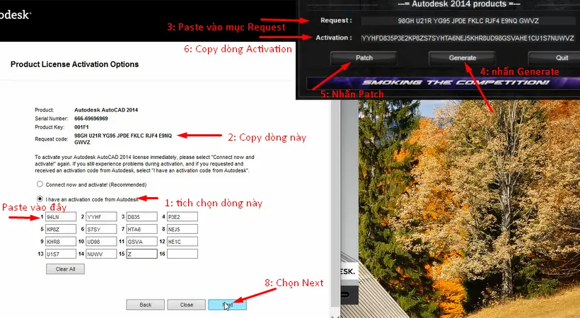 Giao diện Keygen (X-Force) để tạo mã kích hoạt AutoCAD 2014