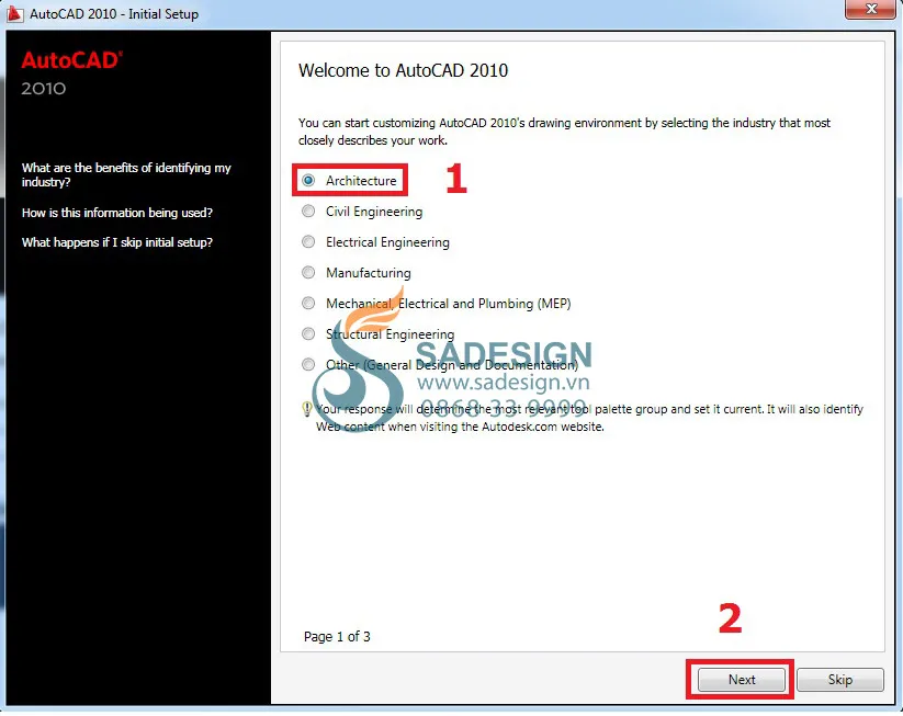 Giao diện khởi động AutoCAD 2010, chọn &quot;Architecture&quot; để tiếp tục