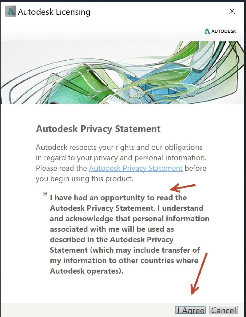 Giao diện khởi động AutoCAD 2015 yêu cầu đồng ý với điều khoản sử dụng, chọn &quot;I Agree&quot; để tiếp tục kích hoạt.
