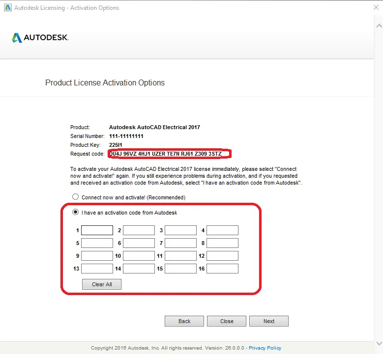 Giao diện kích hoạt ngoại tuyến của AutoCAD Electrical 2020, hiển thị Request Code cần sao chép để tạo mã Activation.