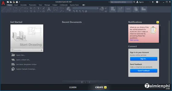 Giao diện làm việc cơ bản của phần mềm AutoCAD 2021 sau khi cài đặt thành công