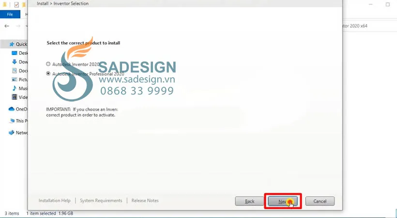 Giao diện lựa chọn các thành phần để cài đặt Autodesk Inventor 2020, người dùng nhấn &quot;Next&quot; để tiếp tục với các cài đặt mặc định hoặc tùy chỉnh.