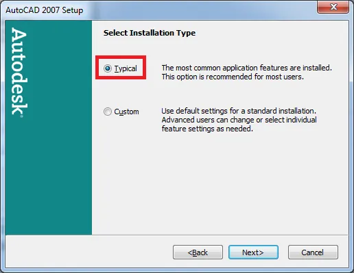 Giao diện lựa chọn loại cài đặt: Typical hoặc Custom khi cài AutoCAD 2007
