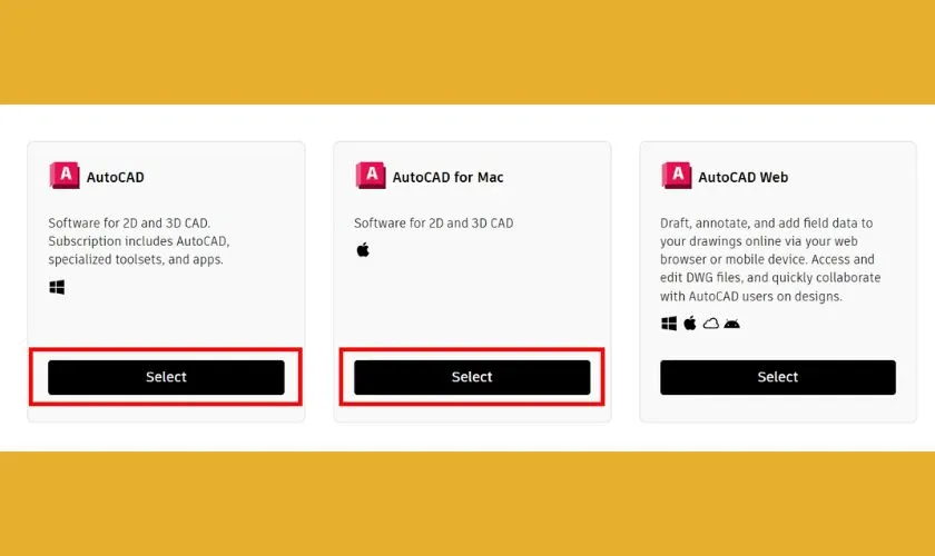 Giao diện lựa chọn phiên bản AutoCAD phù hợp với hệ điều hành Windows hoặc macOS