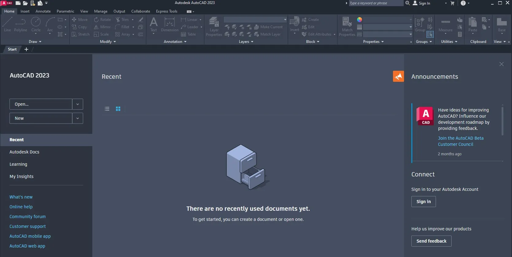 Giao diện người dùng của AutoCAD 2023 sau khi đã được kích hoạt thành công và sẵn sàng sử dụng.
