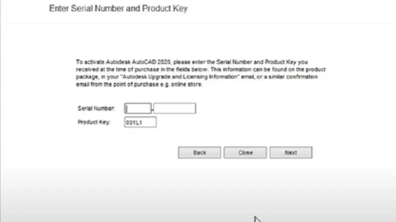 Giao diện nhập thông tin số seri và mã sản phẩm để kích hoạt bản quyền AutoCAD, là bước cuối cùng để hoàn tất cài đặt