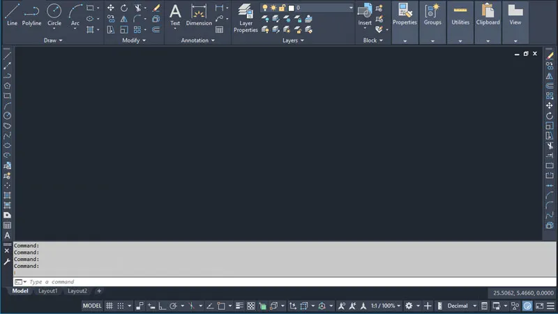 Giao diện Ribbon của AutoCAD 2007 với các tab công cụ được sắp xếp khoa học