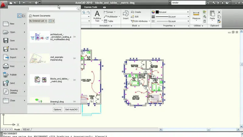 Giao diện Ribbon mới mẻ của AutoCAD 2010 với các tab công cụ được sắp xếp khoa học, giúp người dùng dễ dàng thao tác.
