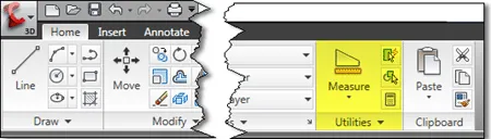 Giao diện thanh công cụ Utilities Panel trên tab Home của AutoCAD 2010, hiển thị các tùy chọn đo lường như Khoảng cách, Bán kính, Góc, Diện tích và Thể tích trong lệnh MEASUREGEOM.