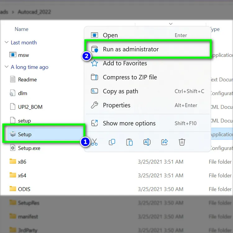 Giao diện thư mục chứa file cài đặt AutoCAD 2022, chỉ dẫn người dùng chọn Setup và chạy với quyền Administrator.