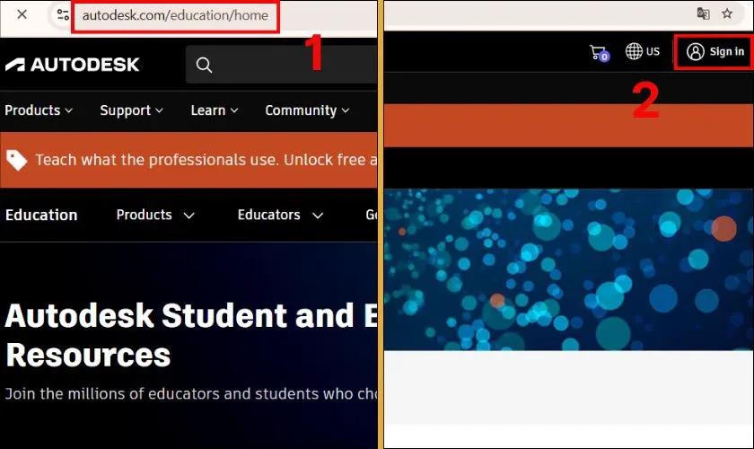 Giao diện trang chủ Autodesk Education, nơi sinh viên bắt đầu quá trình tải AutoCAD miễn phí