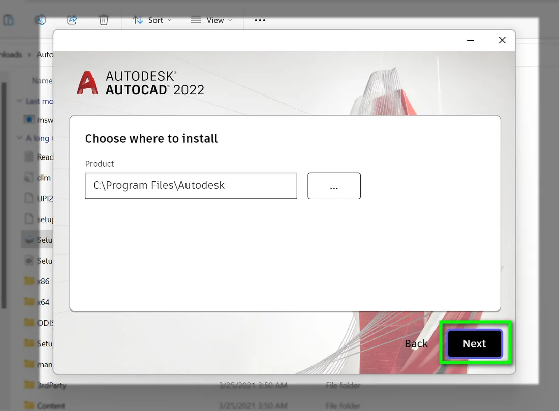 Giao diện tùy chọn thư mục cài đặt AutoCAD 2022, cho phép người dùng thay đổi ổ đĩa và đường dẫn mặc định.