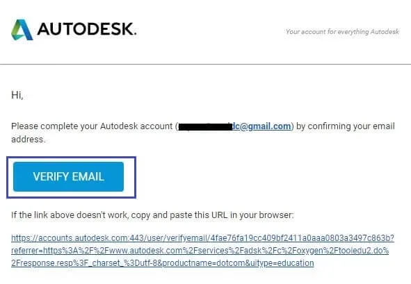 Giao diện xác nhận email sau khi tạo tài khoản Autodesk, bước quan trọng để tải AutoCAD 2017