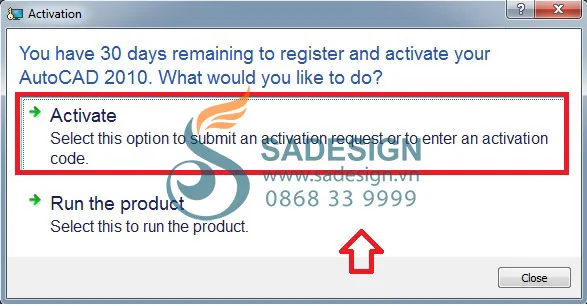 Giao diện yêu cầu kích hoạt bản quyền AutoCAD 2010, hiển thị tùy chọn 'Active' để sử dụng phần mềm trên Windows 10.