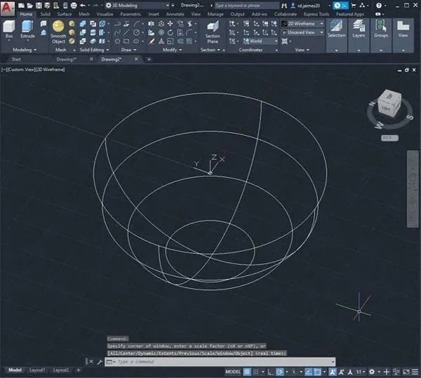 Hiển thị kết quả của lệnh Intersect trong AutoCAD 2020, giữ lại phần giao nhau giữa hình cầu và hình trụ.