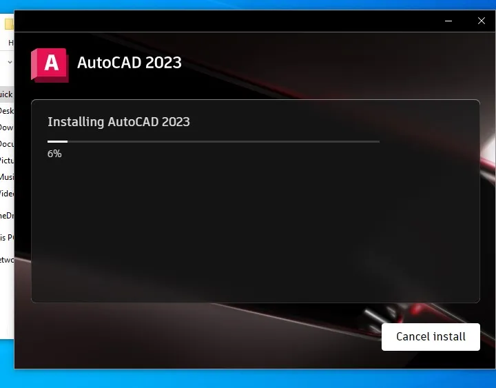 Hiển thị tiến trình cài đặt tự động của phần mềm AutoCAD 2023 trên hệ thống.