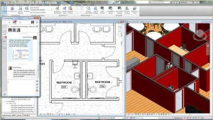 Hình ảnh giao diện người dùng của Autodesk Revit với mô hình công trình 3D chi tiết, làm nổi bật công cụ BIM