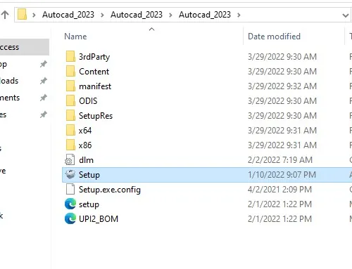 Hình ảnh hướng dẫn chạy file Setup.exe để bắt đầu quá trình cài đặt AutoCAD 2023 sau khi tải về.