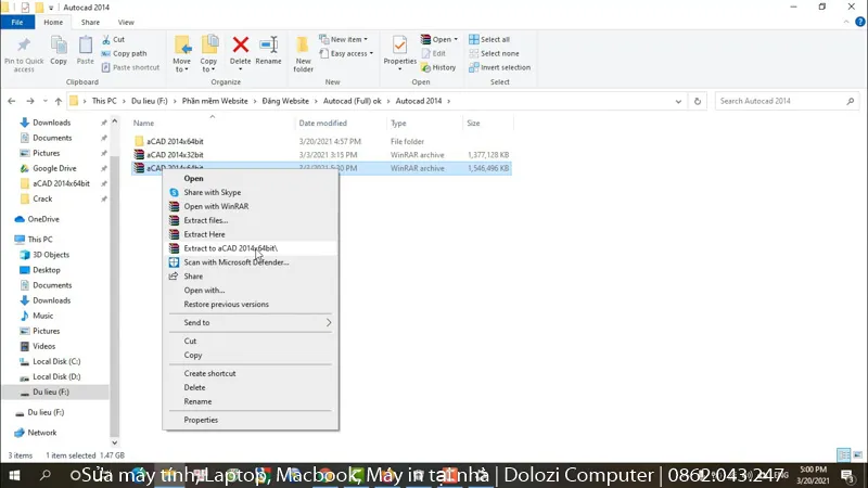 Hình ảnh hướng dẫn giải nén file cài đặt Autocad 2014 full crack trước khi tiến hành cài đặt phần mềm
