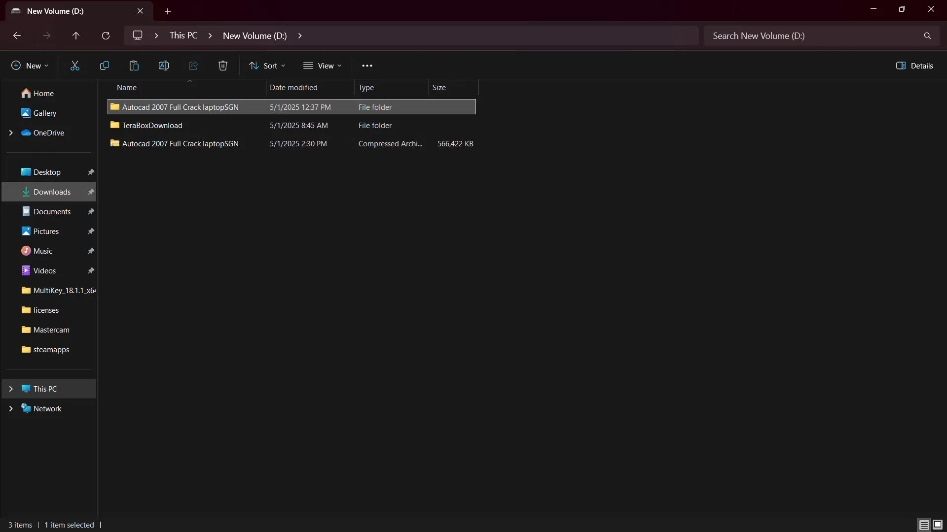 Hình ảnh thư mục đã tải chứa bộ cài AutoCAD 2007, sẵn sàng để giải nén phần mềm.