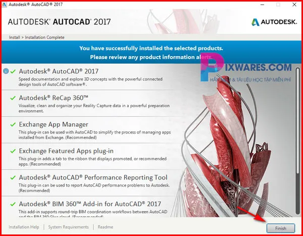 Hoàn tất cài đặt Autocad 2017 với nút Finish