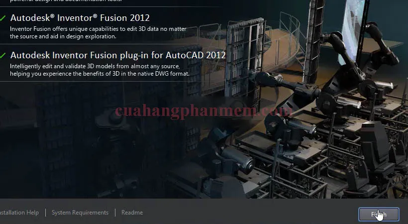 Hoàn tất cài đặt phần mềm AutoCAD 2012 bằng cách nhấn nút &quot;Finish&quot;.
