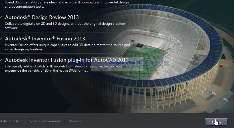 Hoàn tất quá trình cài đặt phần mềm AutoCAD 2013, chọn Finish để kết thúc